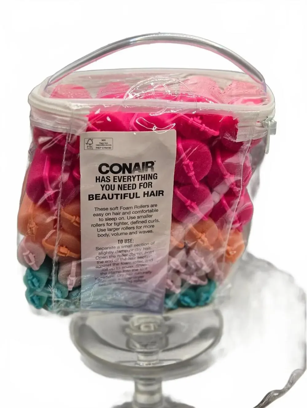 Conair Soft Foam Hair Rollers Set with Assorted Sizes in Reusable Clear Bag